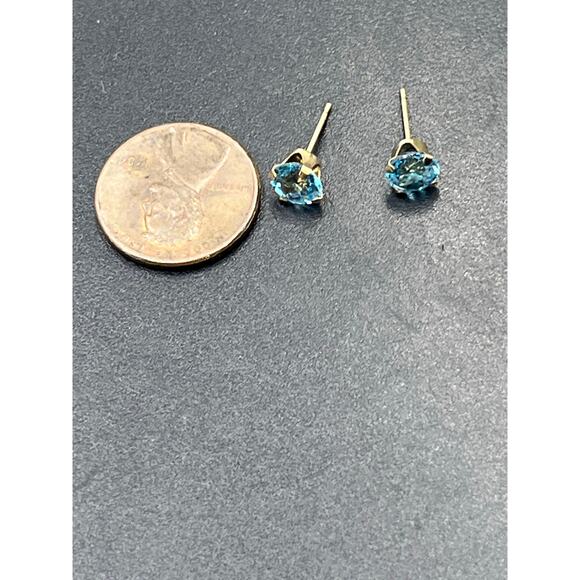 Designer Signed‎ Yellow Gold 10k Prong Swiss Blue Topaz Earring 14k Backs 6mm - Picture 4 of 14